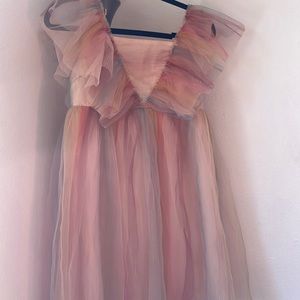 rainbow tulle flutter sleeved H & M dress with a deep open back